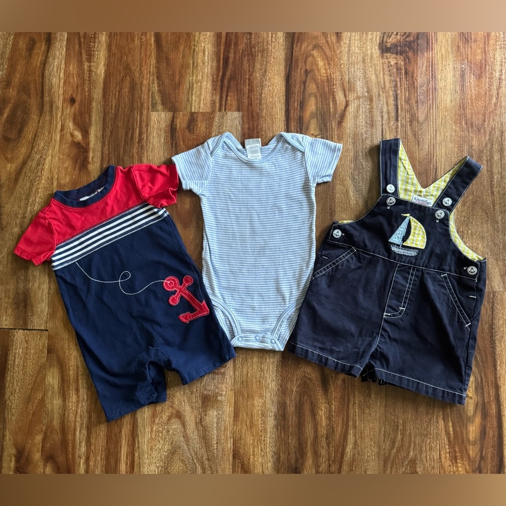 Two (2) Baby Boy Rompers, and One (1) Onesie, Size 6-9 Months